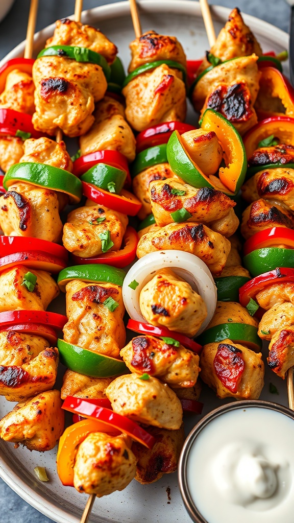 Mediterranean grilled chicken skewers with colorful vegetables