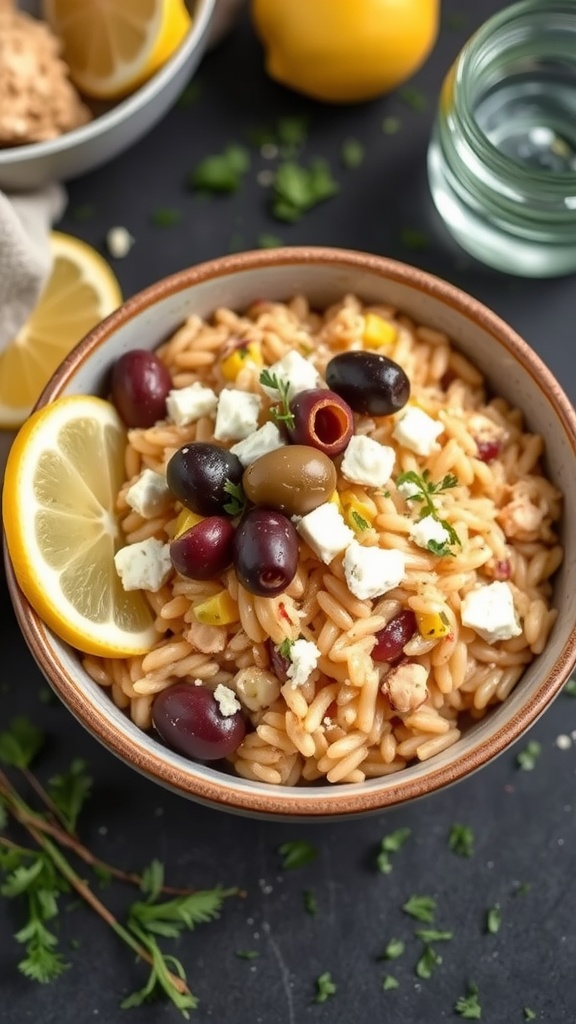 A bowl of Mediterranean Lemon Chicken Orzo with lemon slices and herbs
