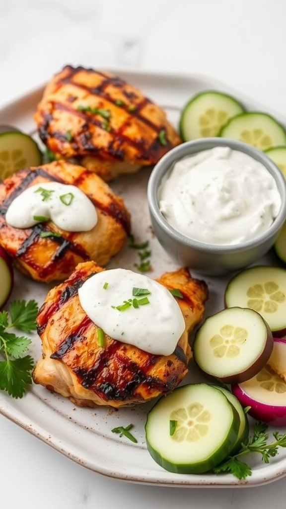 Grilled chicken thighs with tzatziki sauce and cucumber slices