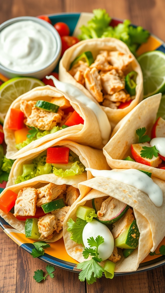 Mediterranean pulled chicken wraps with fresh vegetables