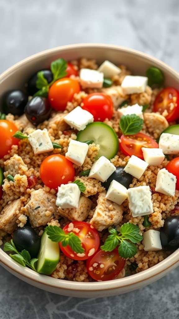 A colorful Mediterranean quinoa chicken salad featuring chicken, quinoa, cherry tomatoes, cucumbers, olives, and feta cheese.