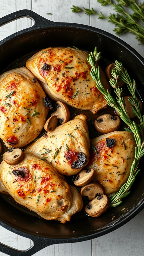 A delicious dish of baked chicken thighs with mushrooms and thyme.