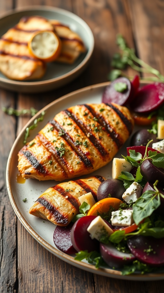 Grilled chicken with mustard and thyme served alongside a colorful fresh salad.