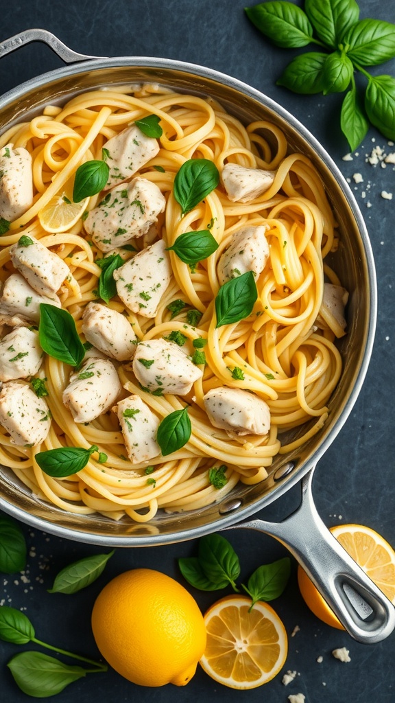 Creamy Lemon Basil Chicken Pasta in a pan with herbs and lemon.