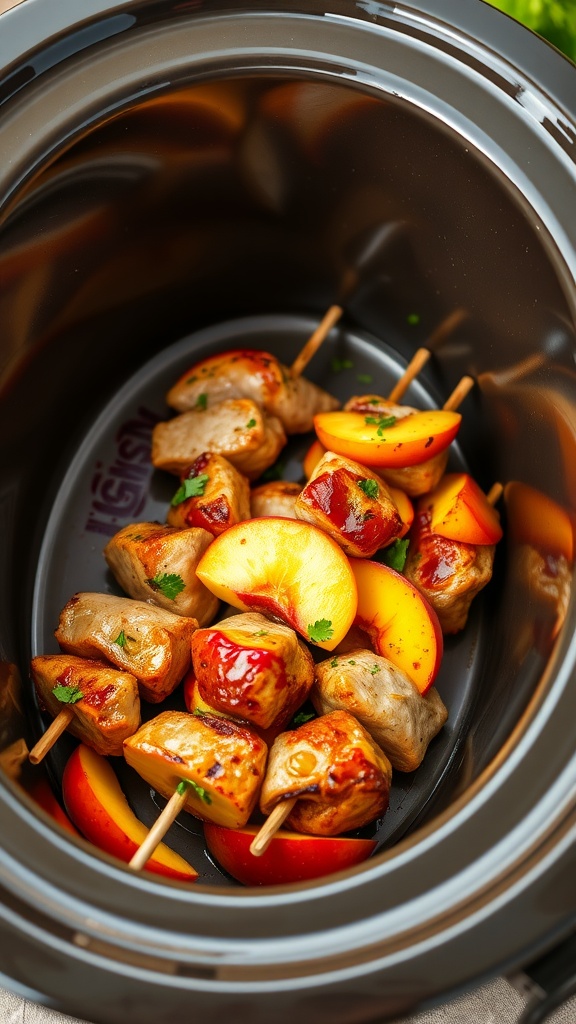 Delicious peach BBQ chicken skewers ready to cook in a crockpot.