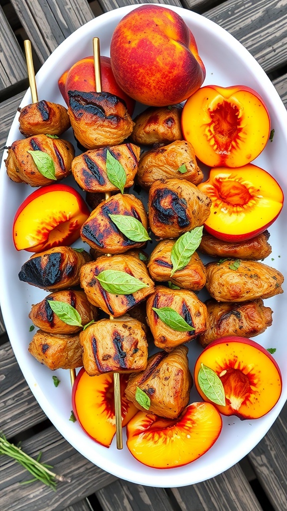 Grilled peach glazed chicken skewers with fresh peaches