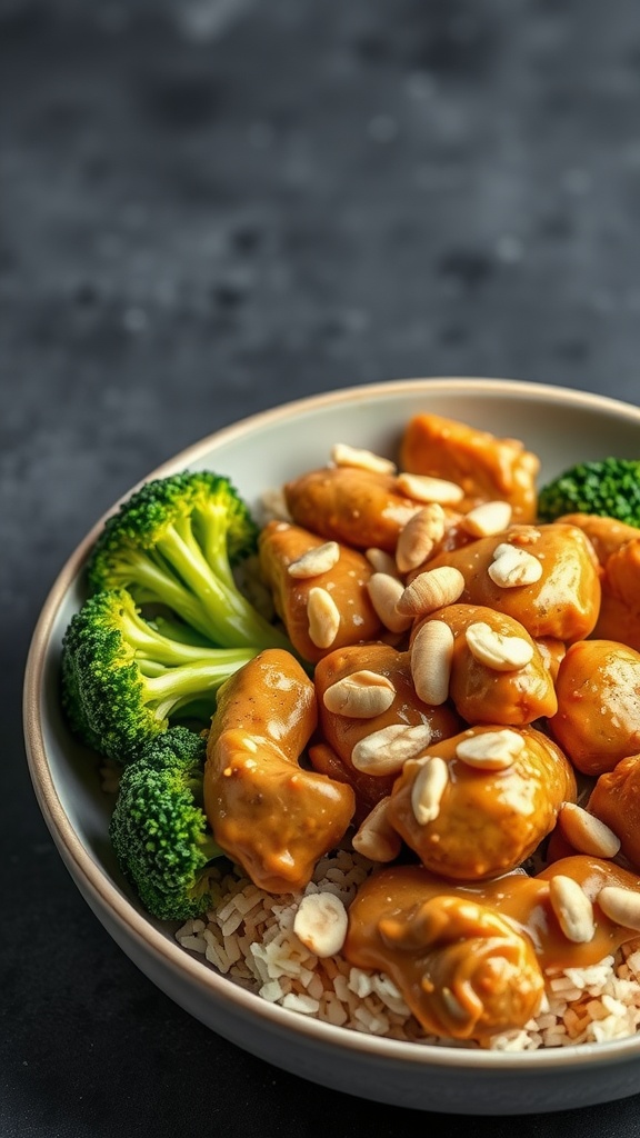 A bowl of peanut butter chicken with broccoli served over rice, garnished with peanuts.