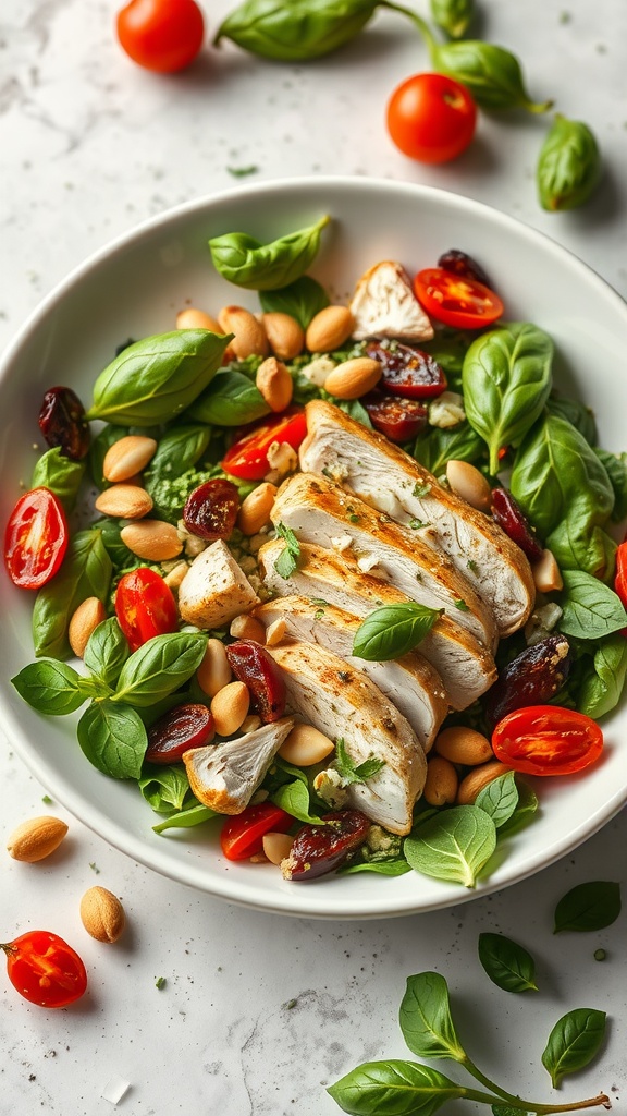 A bowl of Pesto Chicken Salad with Sun-Dried Tomatoes, featuring greens, chicken, and cherry tomatoes.