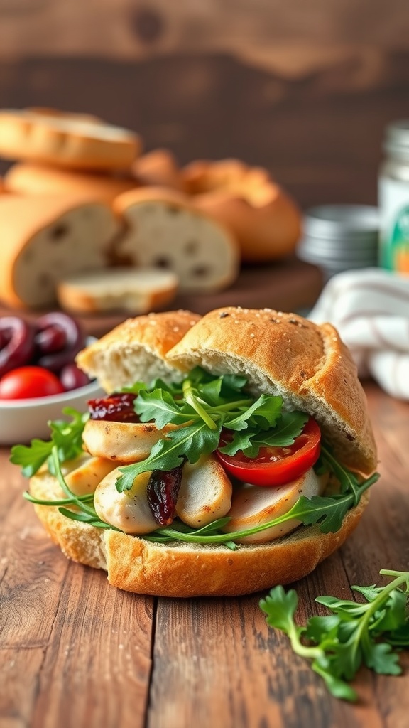 A delicious Pesto Grilled Chicken sandwich on ciabatta with arugula and tomatoes.