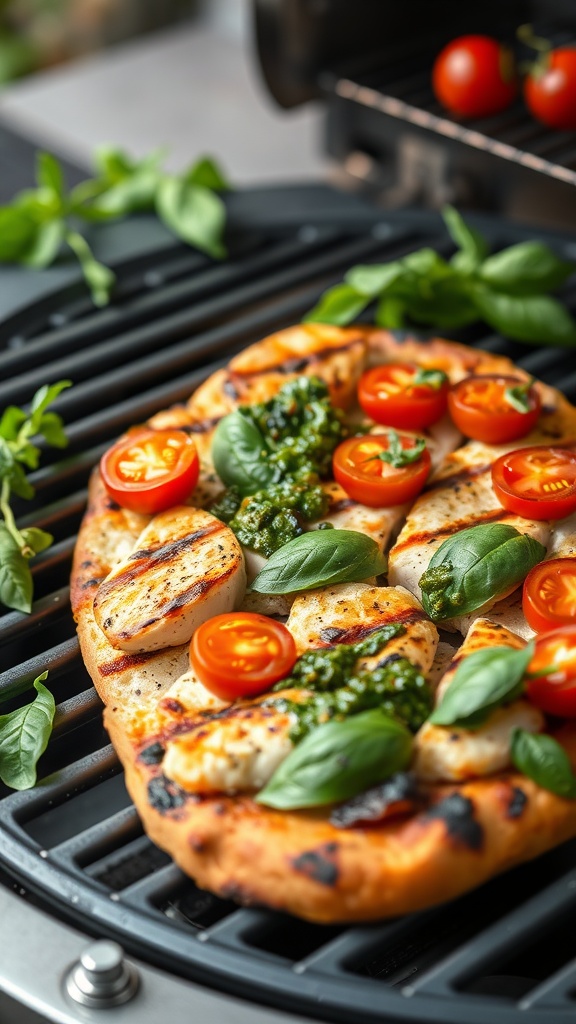 Pesto grilled chicken pizza with tomatoes and basil on a grill.