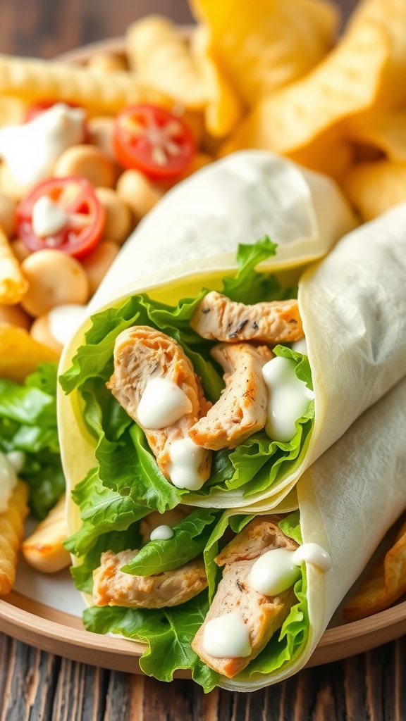 Delicious Rotisserie Chicken Caesar Wraps filled with lettuce, tomatoes, and creamy dressing.