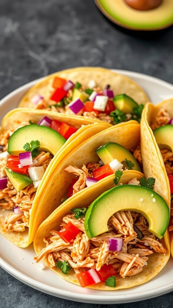 Delicious rotisserie chicken tacos topped with avocado, tomatoes, and cilantro