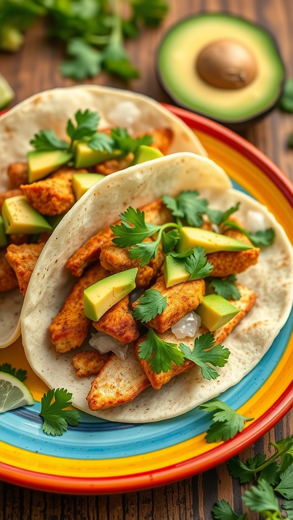 Salsa verde chicken tacos with avocado and cilantro