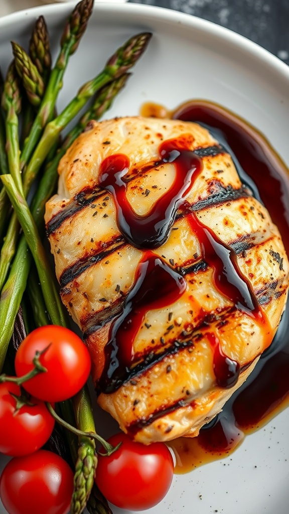 A plate of grilled chicken breast served with asparagus and cherry tomatoes, drizzled with balsamic glaze.