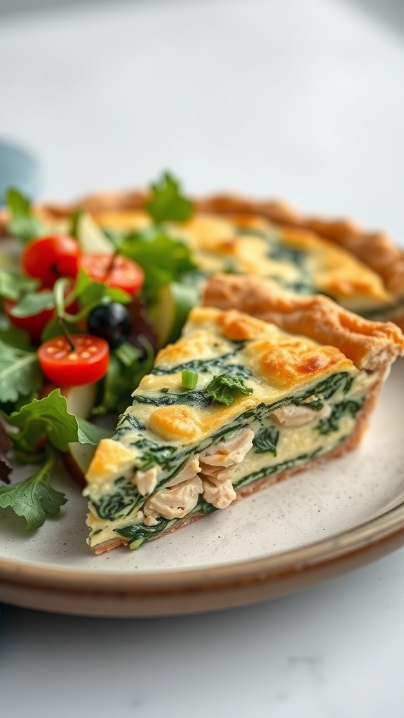 Slice of savory chicken and spinach quiche on a plate with a side salad.