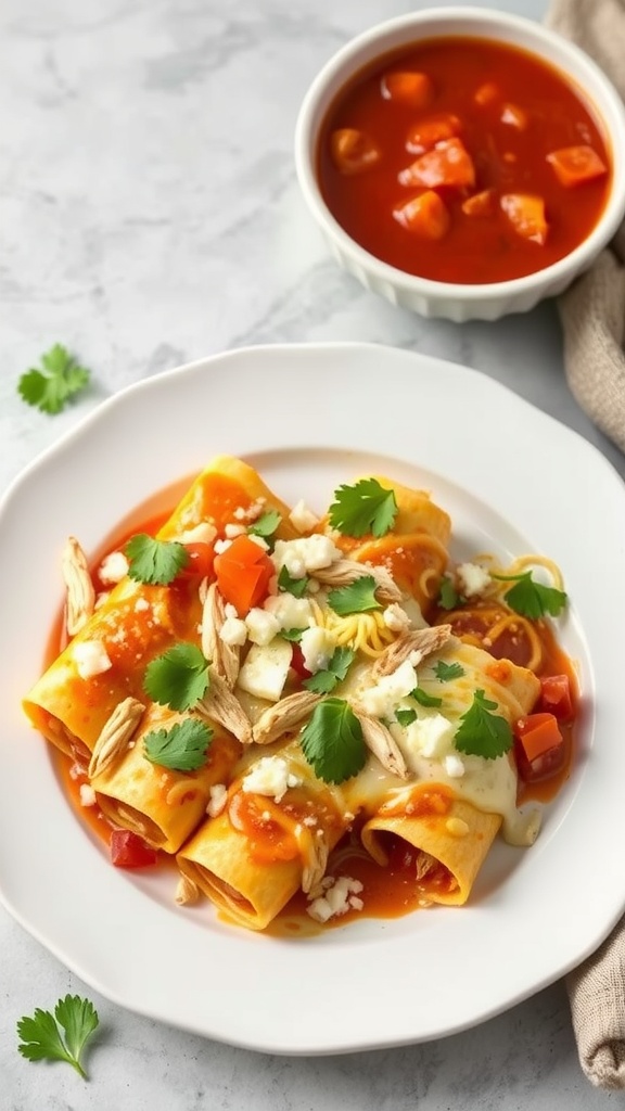 Savory rotisserie chicken enchiladas on a plate with garnishes.
