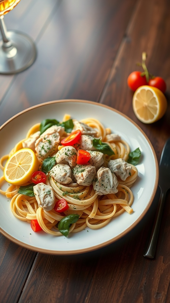 A plate of lemon chicken pasta with vegetables.