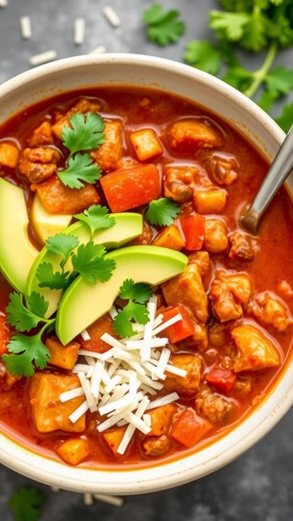 A bowl of chicken chili topped with avocado slices, cilantro, and shredded cheese.
