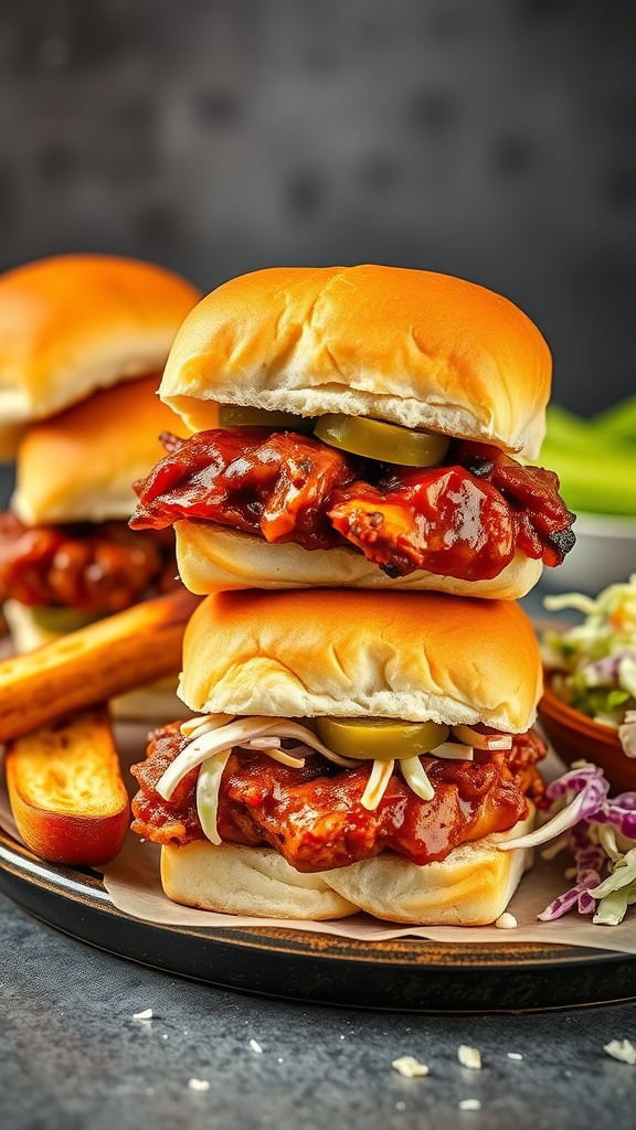 Smoky Barbecue Chicken Sliders with pickles on top