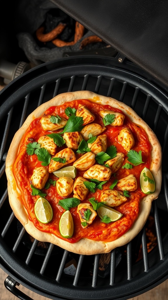 Delicious Smoky Chipotle Chicken Pizza topped with grilled chicken, cilantro, and lime wedges