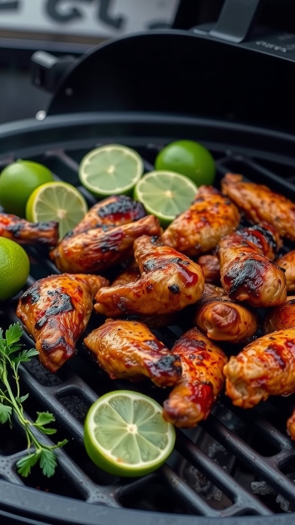 Grilled chicken wings with lime and garnished with cilantro