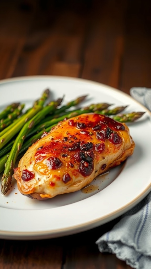 A plate of Smoky Paprika Chicken with Asparagus, showcasing a tender chicken breast topped with smoky seasoning alongside fresh asparagus.