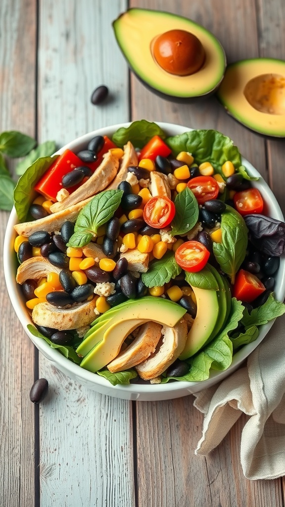A vibrant Southwestern chicken salad with black beans, corn, and avocado.
