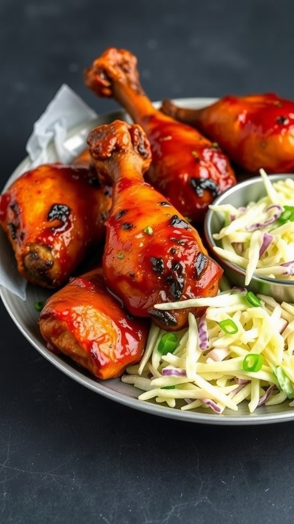 Spicy BBQ chicken drumsticks served with coleslaw