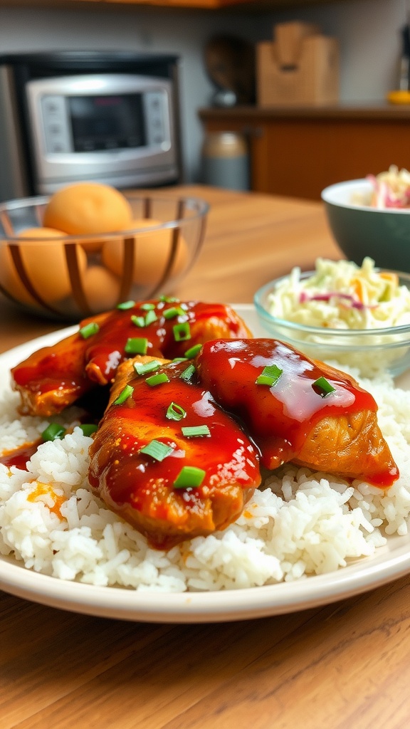 A delicious plate of spicy BBQ chicken thighs served over rice, garnished with cilantro.