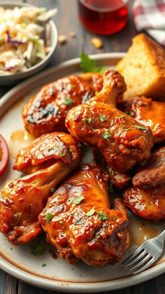 Plate of spicy BBQ chicken thighs garnished with parsley, served with sides.
