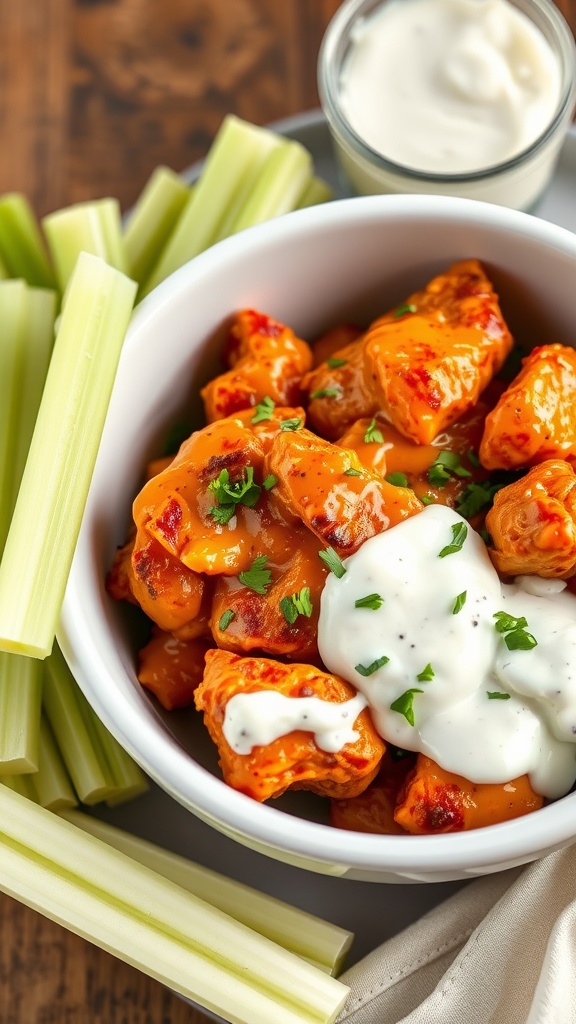 A bowl of spicy buffalo chicken with celery sticks and dipping sauce.