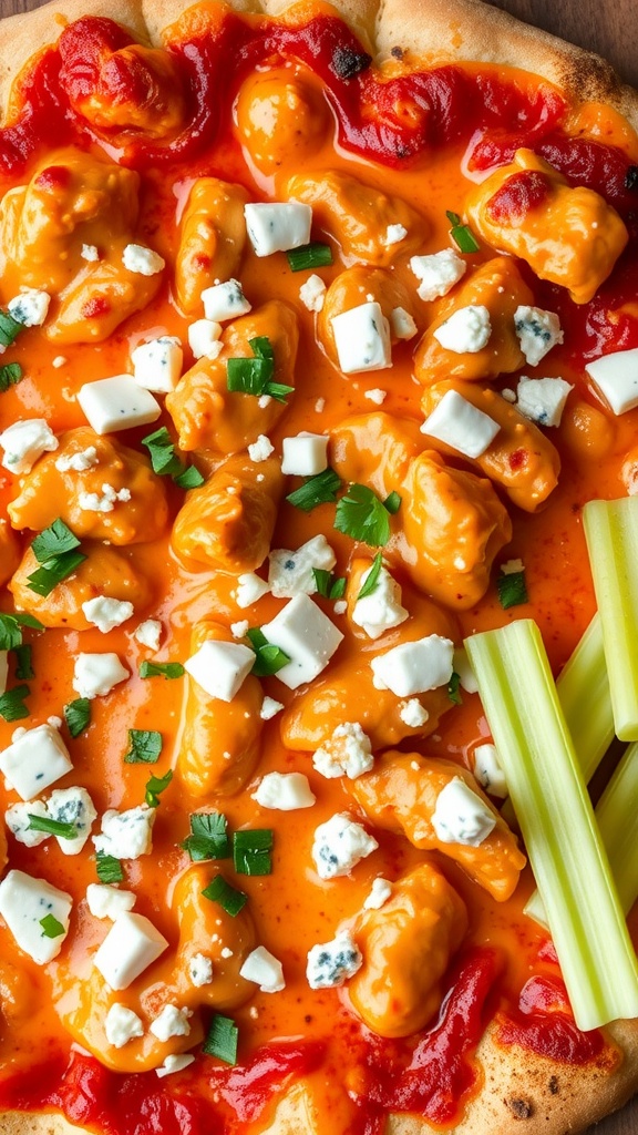 Delicious spicy buffalo chicken pizza with melted cheese and toppings.