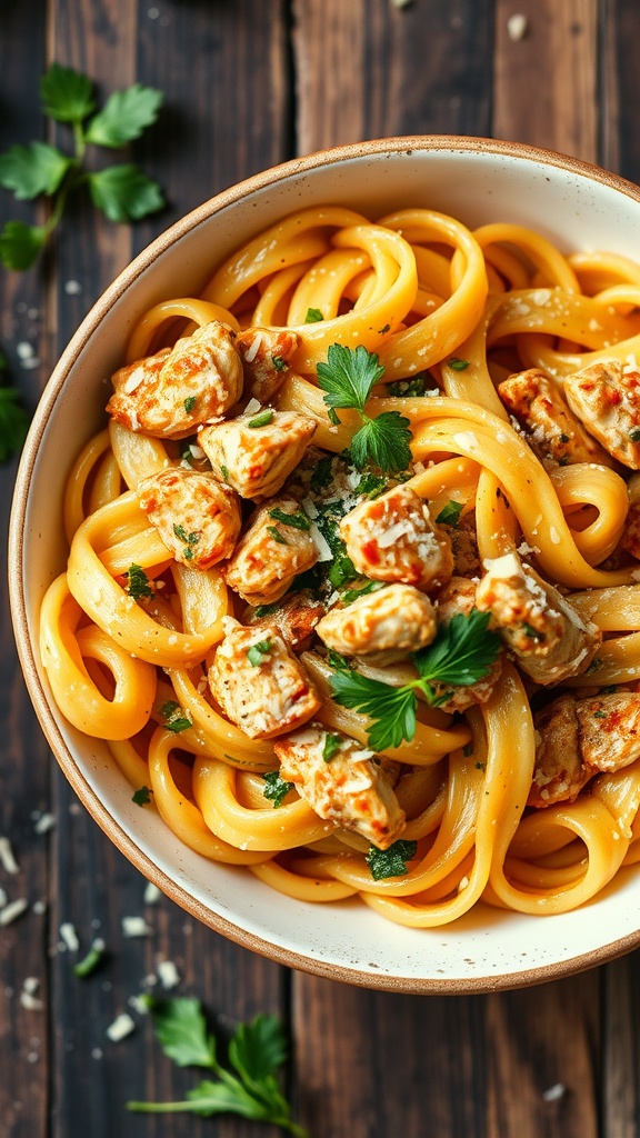 A delicious bowl of spicy Cajun chicken pasta garnished with parsley.