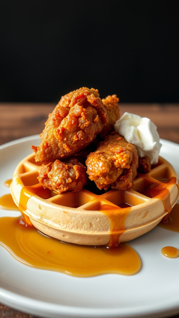 A plate of spicy chicken and waffles drizzled with syrup and topped with whipped cream.