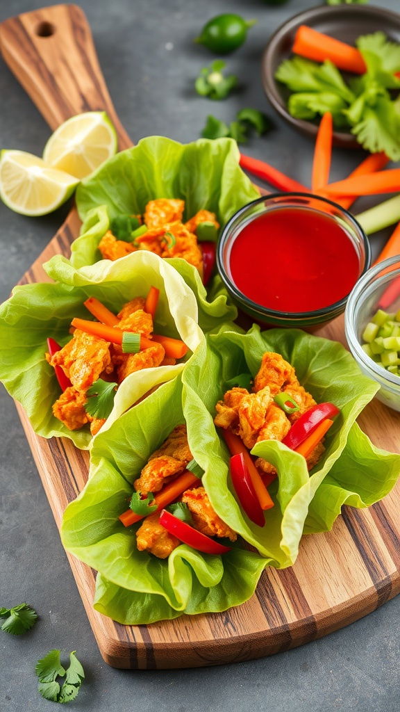 Spicy chicken lettuce wraps on a wooden board with vegetables and lime