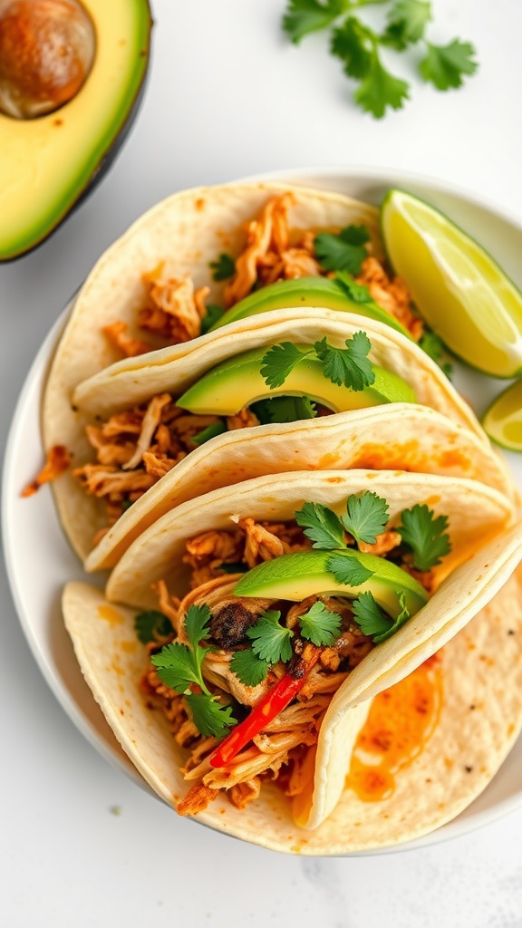 Delicious spicy chicken tacos with avocado and fresh cilantro on a plate.