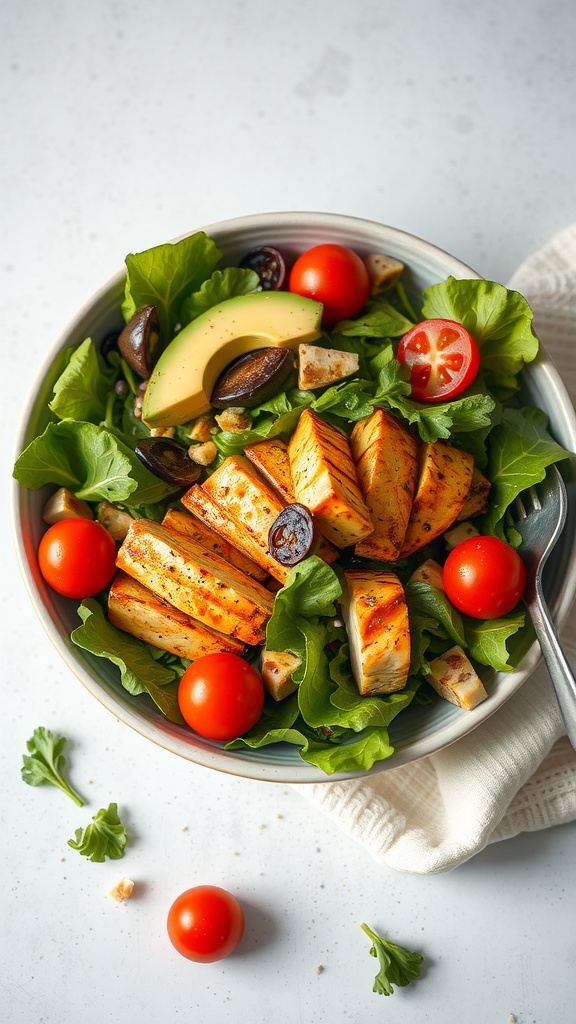 A vibrant bowl of Spicy Chipotle Chicken Salad with grilled chicken, fresh greens, tomatoes, and avocado.