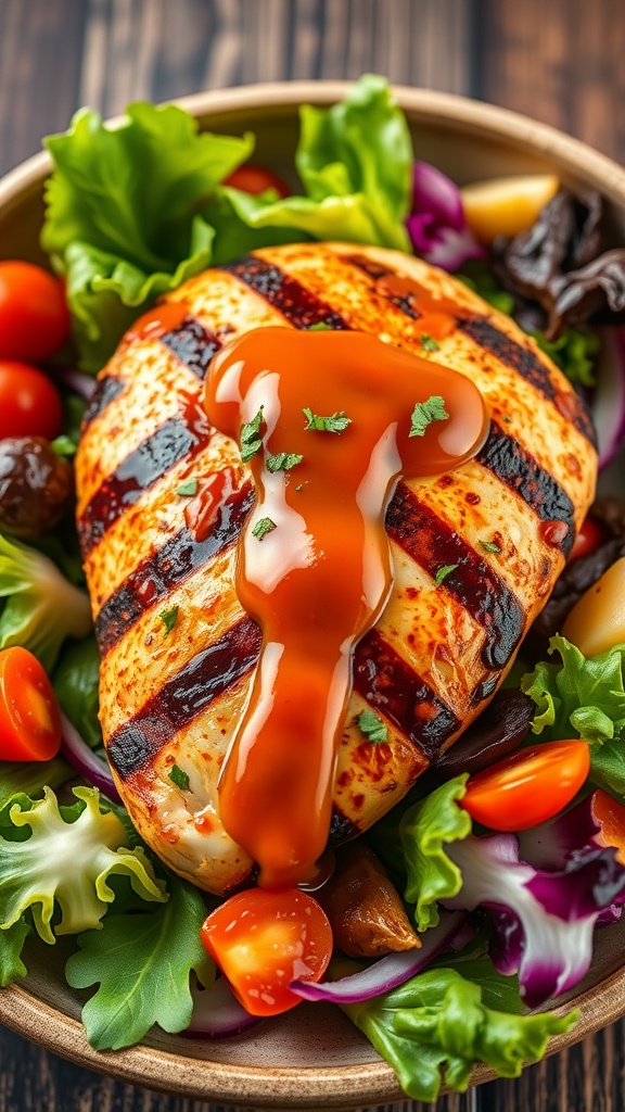 Delicious spicy chipotle grilled chicken served over fresh greens with cherry tomatoes