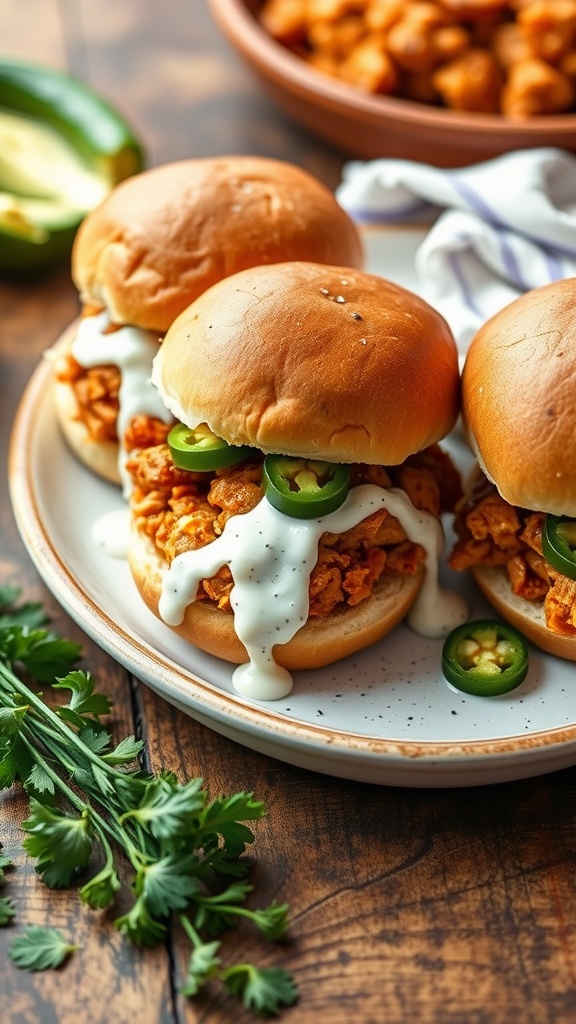 Spicy chipotle pulled chicken sliders with ranch dressing and jalapeños