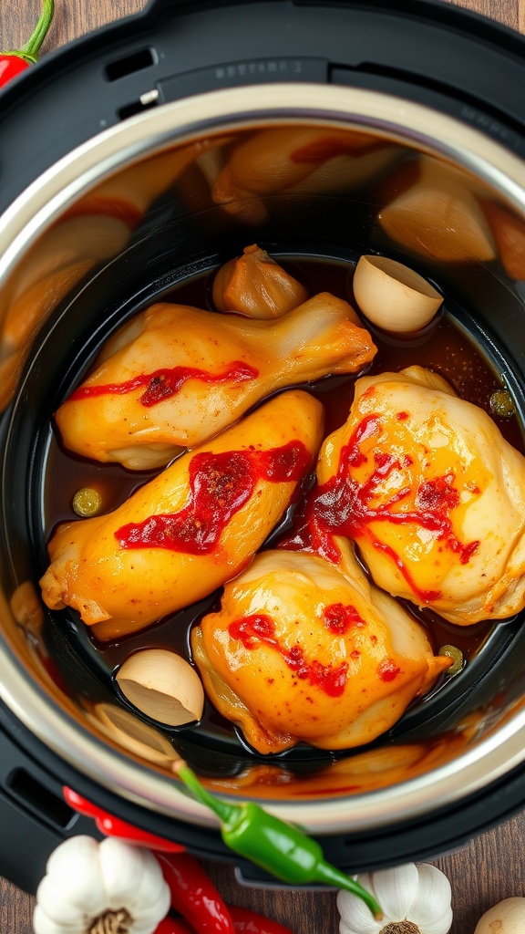 A close-up of chicken thighs in a flavorful sauce inside an Instant Pot.