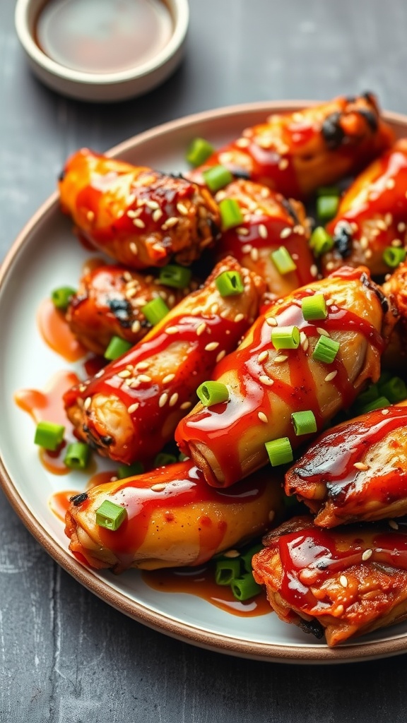 Plate of spicy honey garlic chicken wings garnished with green onions and sesame seeds.