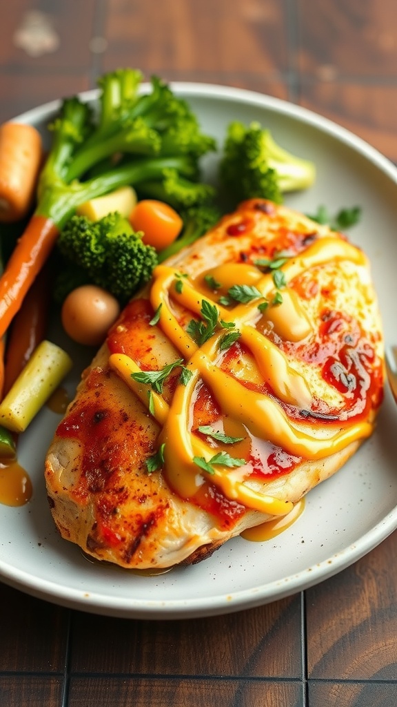 A plate of spicy honey mustard chicken breasts served with vegetables.
