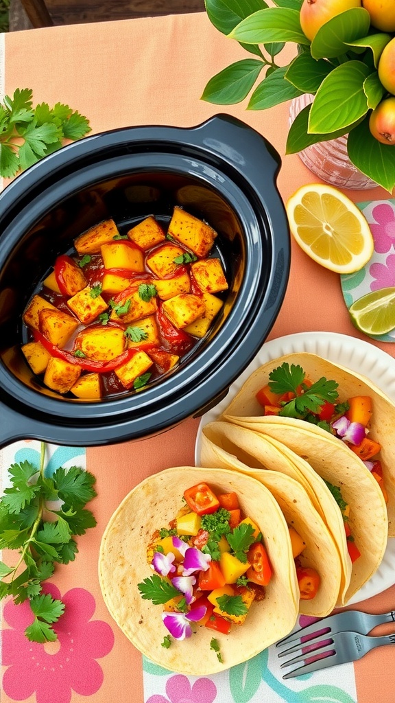 Spicy Mango Chicken Tacos with fresh ingredients and garnishes.