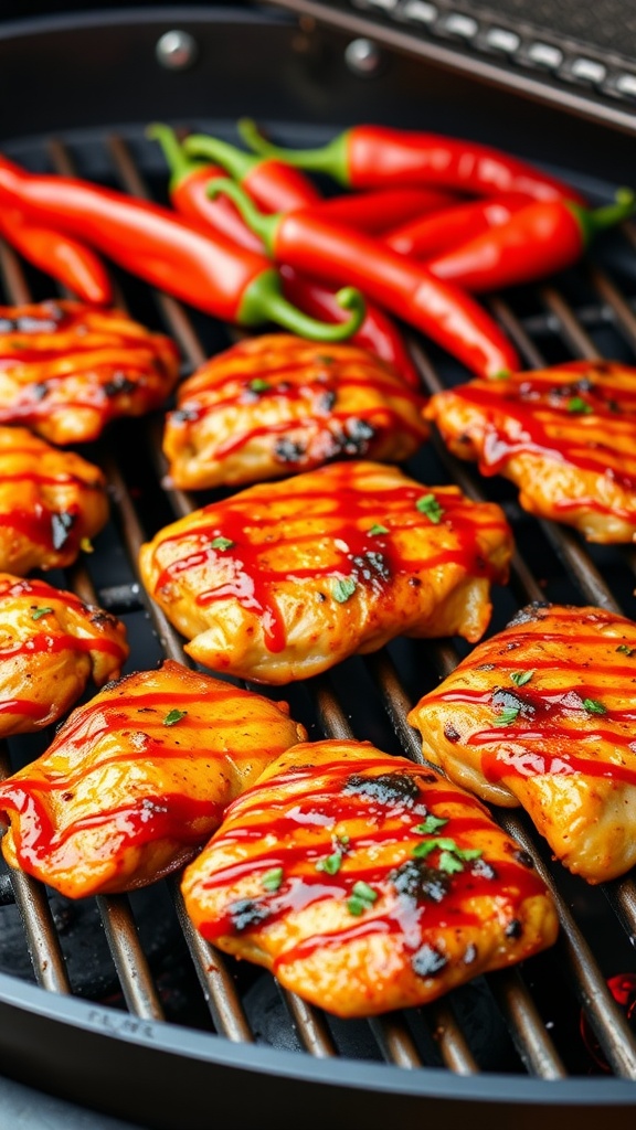 Spicy Sriracha Chicken Thighs on a grill with red chilies