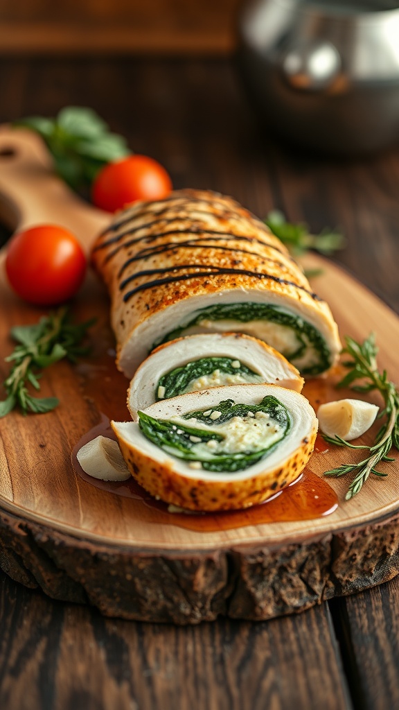 Stuffed chicken breast filled with spinach and cheese on a wooden board.