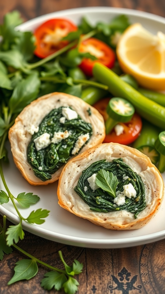 Stuffed chicken breast with spinach and feta on a plate with salad.