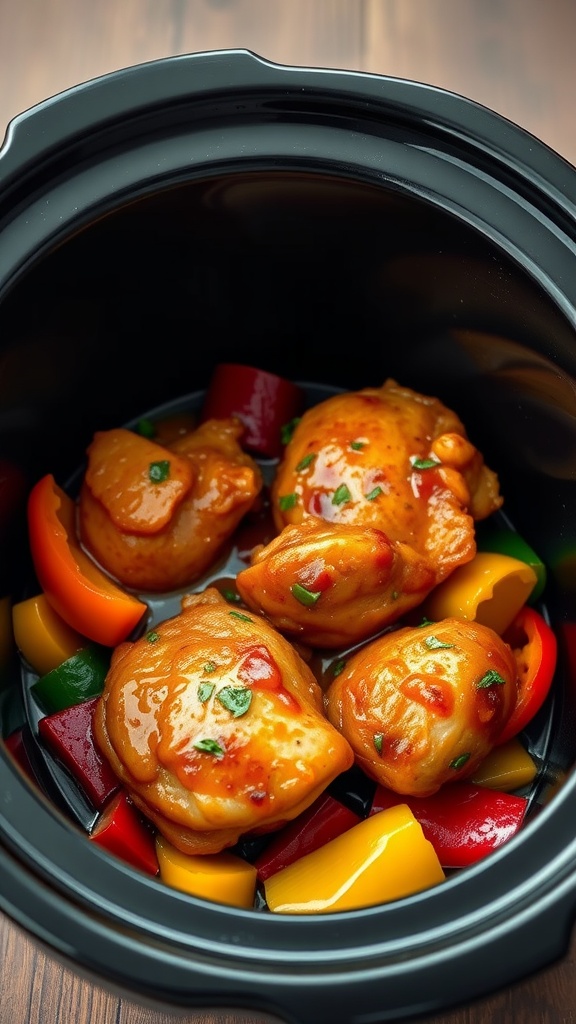 A close-up of sweet and sour chicken thighs in a slow cooker with colorful bell peppers.