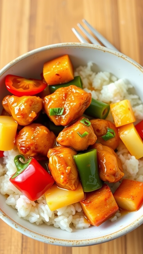 A bowl of sweet and sour chicken thighs served with rice and colorful vegetables.