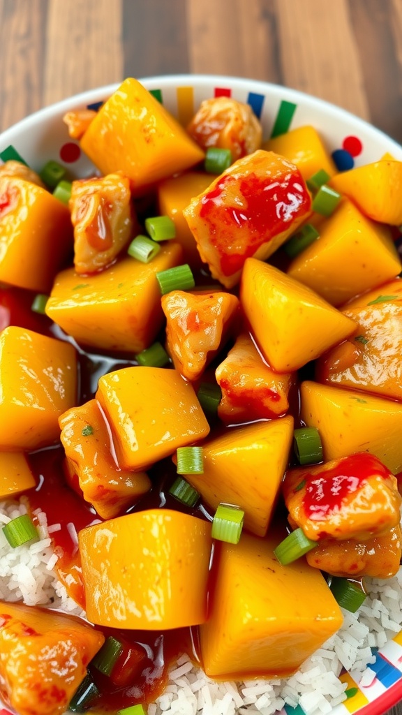 A colorful dish of sweet and sour chicken with pineapple served over rice.