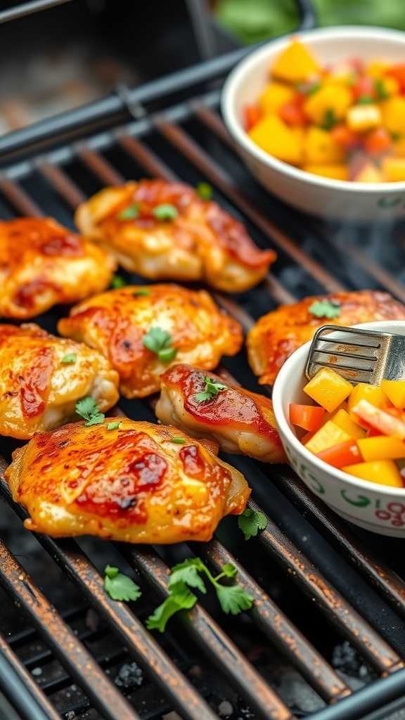 Grilled chicken thighs with vibrant mango salsa on a grill